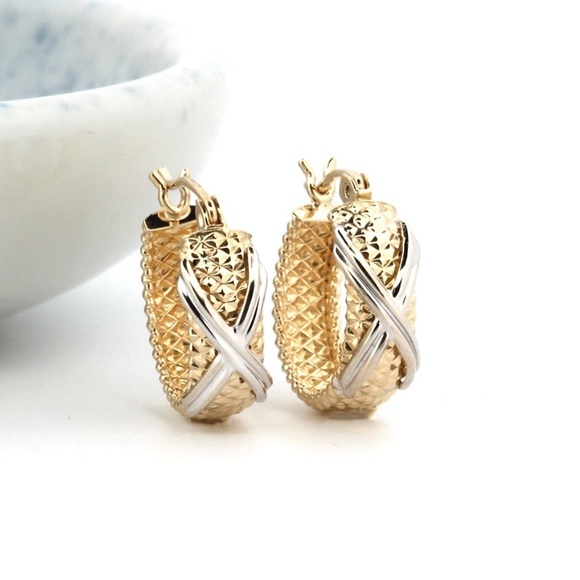 Two Toned Gold Textured Hoop Earrings - Picture 3 of 5